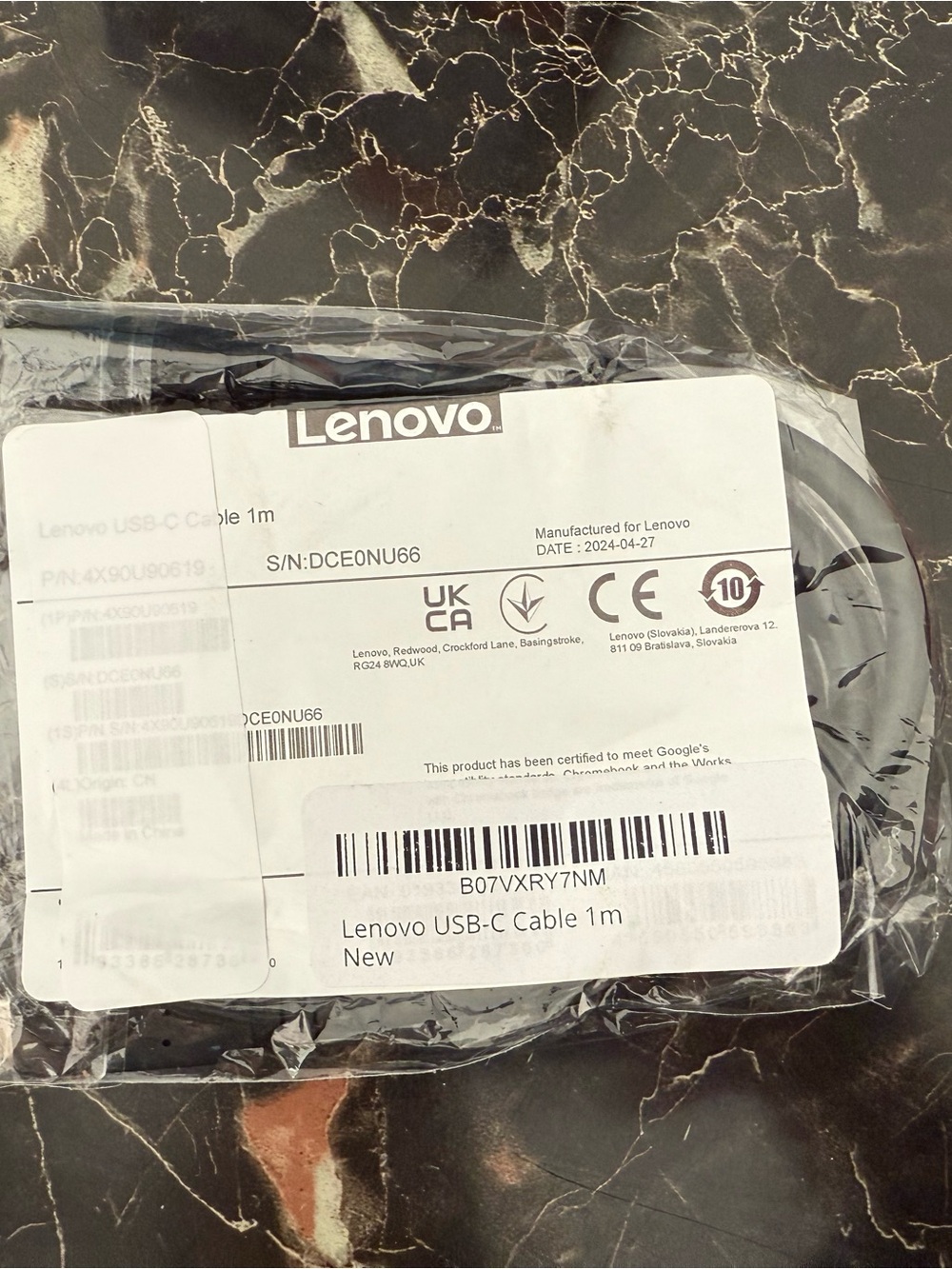Lenovo Black USB-C Cable in Sealed Packaging
